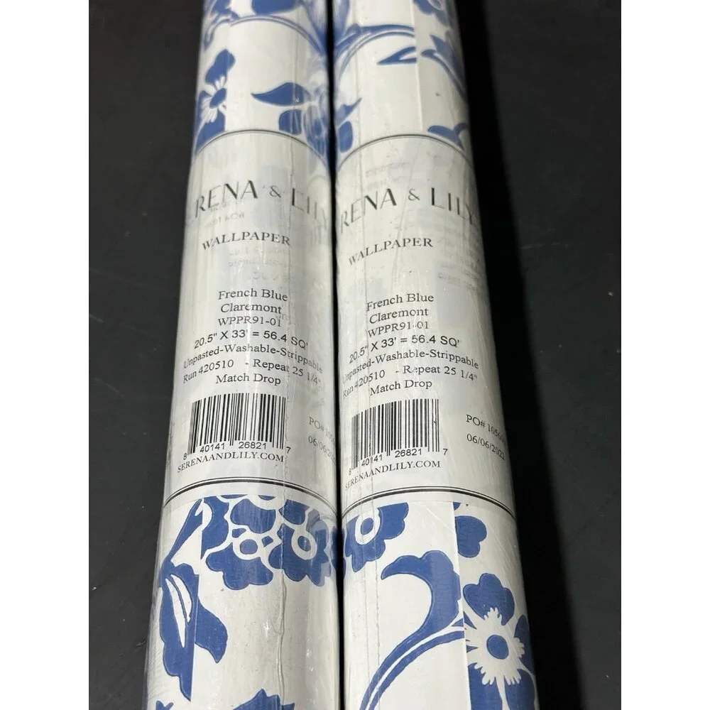 Serena & Lily Claremont Floral Print Wallpaper (Set of 2 Rolls)-French Blue